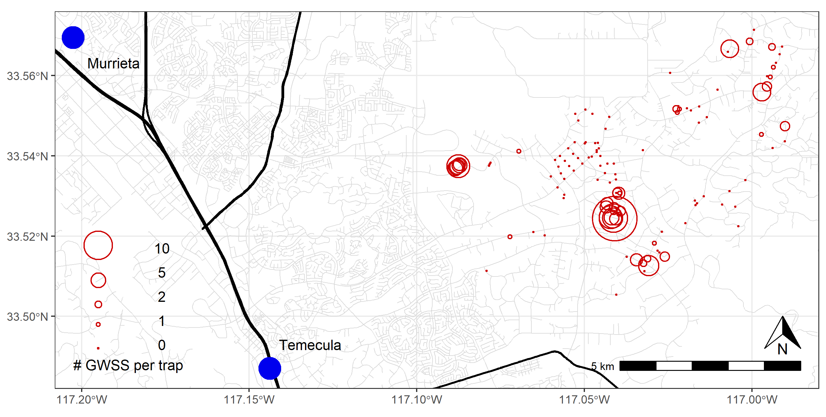 Map showing locations where GWSS were collected on traps distributed throughout the Temecula Valley