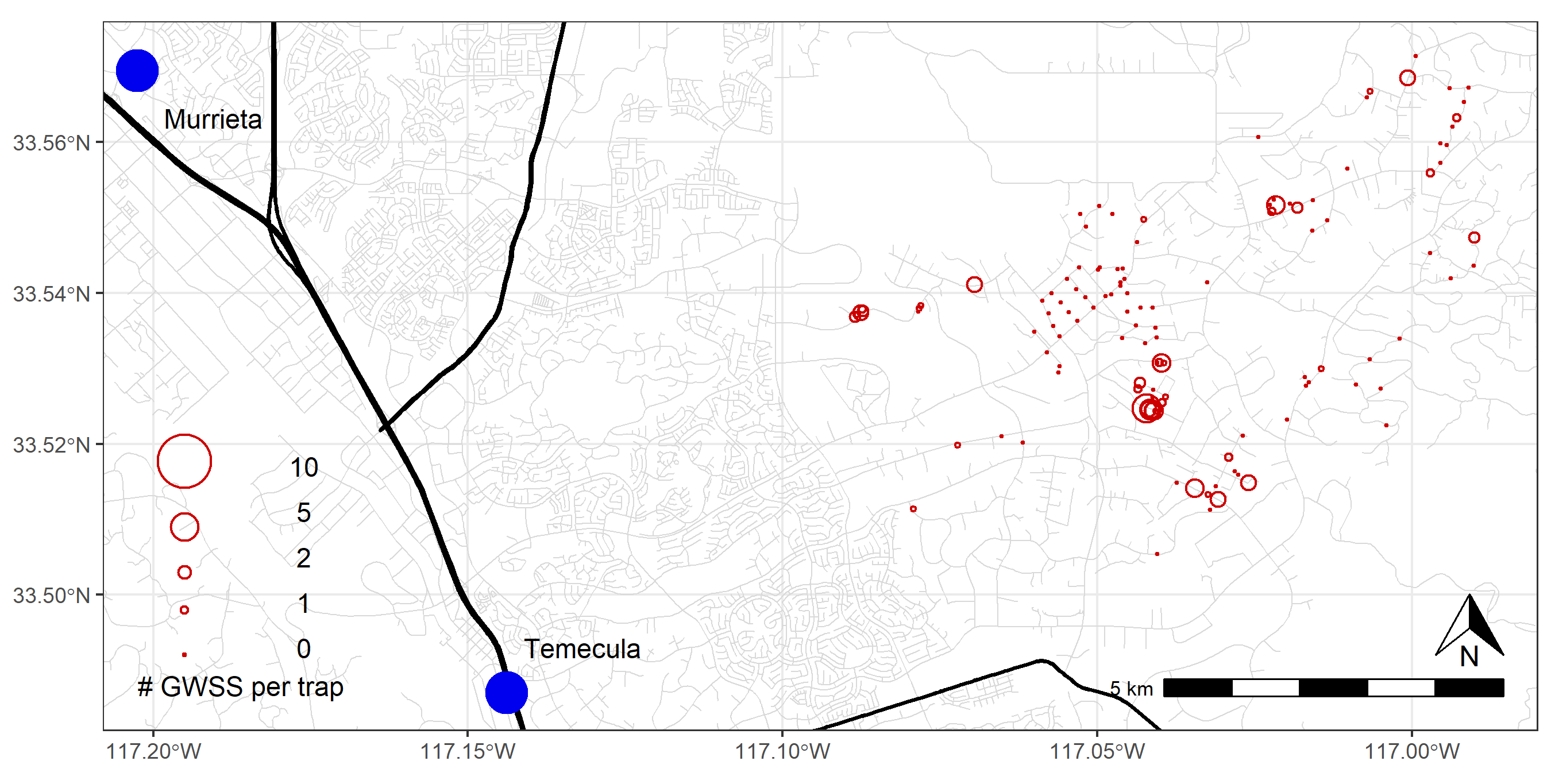 Map showing locations where GWSS were collected on traps distributed throughout the Temecula Valley