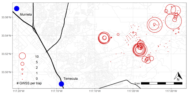 Map showing locations where GWSS were collected on traps distributed throughout the Temecula Valley