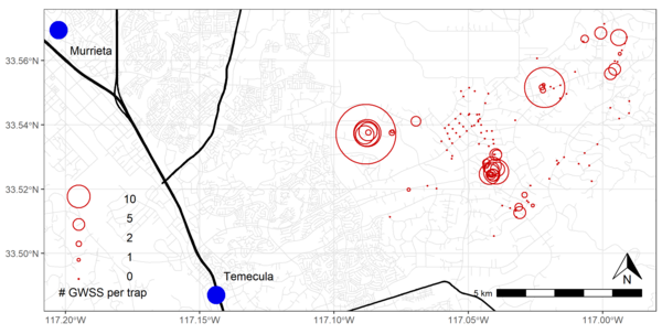 Map showing locations where GWSS were collected on traps distributed throughout the Temecula Valley