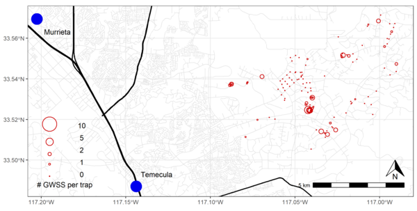 Map showing locations where GWSS were collected on traps distributed throughout the Temecula Valley